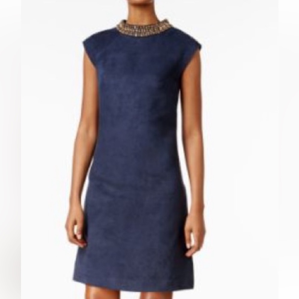 Vince Camuto's faux-suede shift dress, embellished collar, size 10